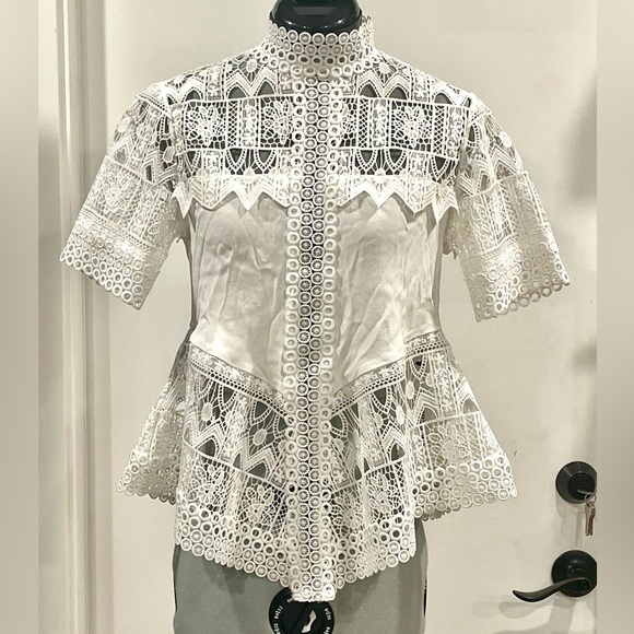 Alexis Tops - Alexis lace short sleeve, high neck blouse, handkerchief hem, white, szXS, GUC